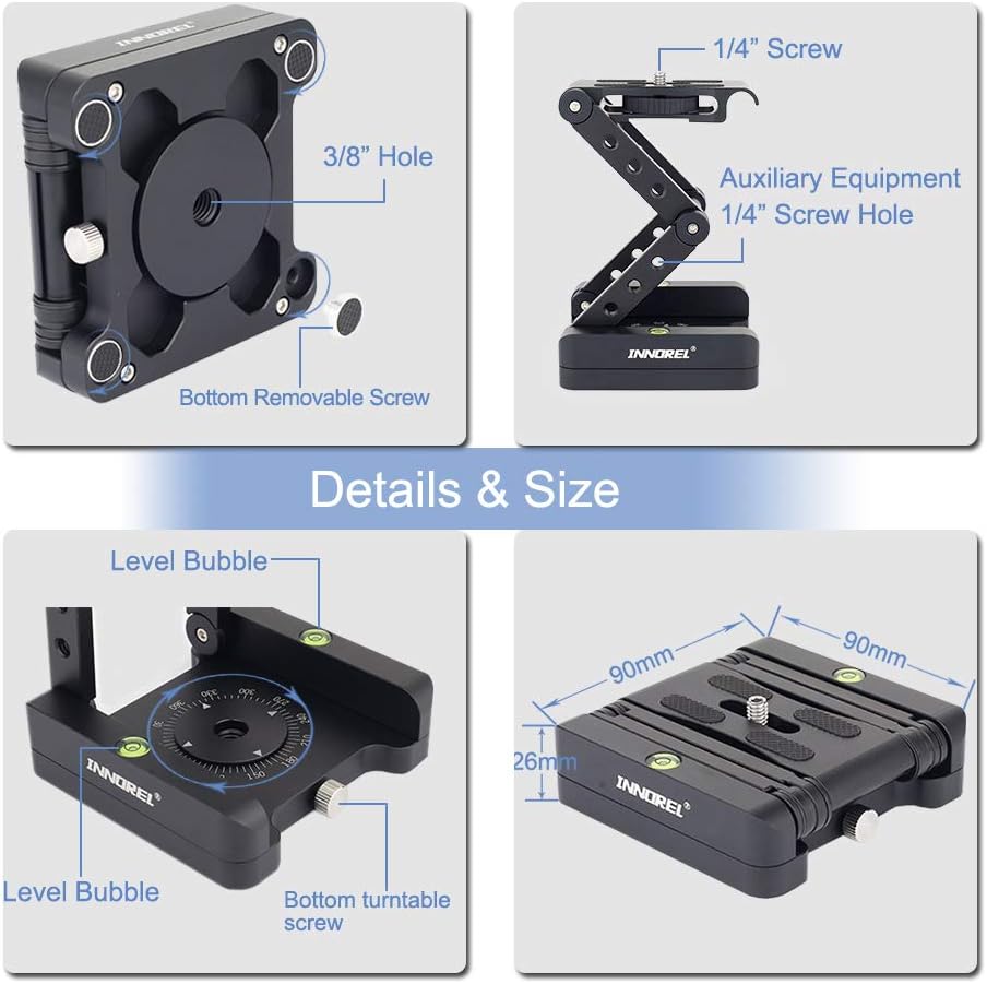 Z-Flex Tilt Tripod Head-INNOREL MH5 CNC Aluminum Alloy All Metal Flexible Folding Z Pan 360° Horizontal Rotation with 1/4" and 3/8" Screws - Image 4