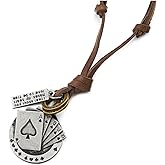 COOLSTEELANDBEYOND Mens Ace Card Spade Poker Pendant Necklace, Circle Charms, with Adjustable Brown Leather Cord