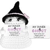 Halloween Ghost Crochet Doll with Positive Card-Cute Knitted Ghost Fun Gifts for Halloween & Thanksgiving Inspirational Card Emotional Support Ornaments for Room Office Desktop Decoration