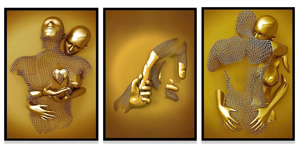 WADBTP Modern Art Metal Figure Canvas Painting Poster, Metal 3D Sculpture Effect, Romantic Lovers Hug Home Poster Set, Frameless (Style 2, 30X40CM*3)