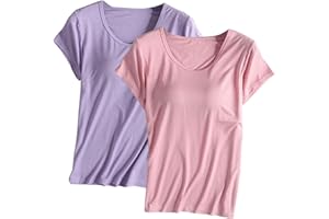 Hesxuno 2 Pc Womens Tops 2024 Summer Casual Short Sleeve T Shirts with Built in Bra Plus Size Basic Solid Yoga Athletic Tees