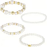 ValueBargain 4 Pcs Pearl Bracelet Set, Pearls Bracelets for Women Simulated Beaded Stretch, Stackable Multilayered Elastic Jewelry for Bridesmaid & Bridal, White