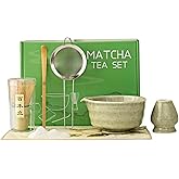 Anyfast Matcha Set, Matcha Bowl with Spout, Matcha Whisk and Holder, Bamboo matcha Scoop and Stainless Sifter - 7 Pcs Jade Green Matcha Set Kit for Matcha Lover (Mottled Green)