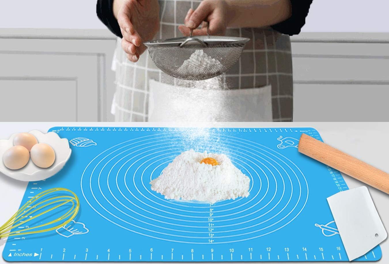 Silicone Baking Mat with Measurements – Heat Resistant, BPA Free, Non-Stick Pastry Mat for Rolling Dough – Easy to Clean Silicone Mat - Does Not Discolor-Blue: Kitchen & Dining