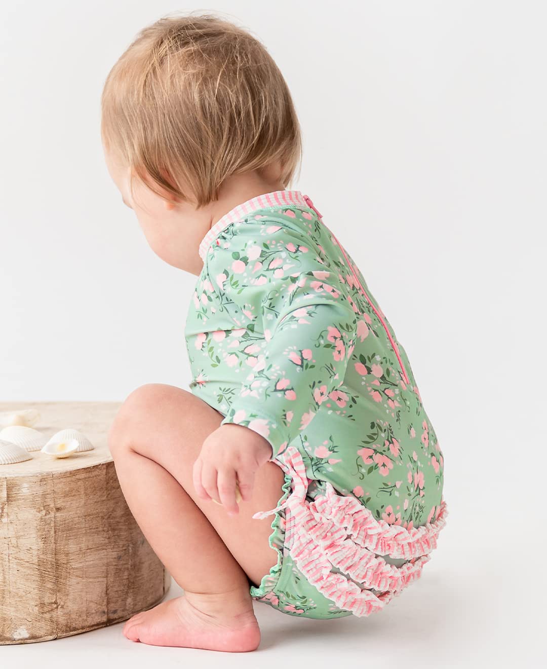 RuffleButts Baby Girls UPF 50+ Sun Protection Floral Printed Long Sleeve One Piece Rash Guard Swimsuit with Zipper