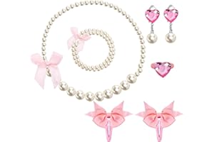 Klorify Handmade Pearl Kids Jewelry Set for Little Girls Toddler - Unique Clip On Earrings and Stretch Necklace Bracelets - Adjustable Heart Rings - Pink Bow Hair Clips - Cute Dress Up Birthday Gifts