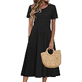 Zeagoo Womens Casual Dresses for Summer Short Sleeve Flare Midi Dress Loose Beach Sundress Pleated Front Dress with Pockets
