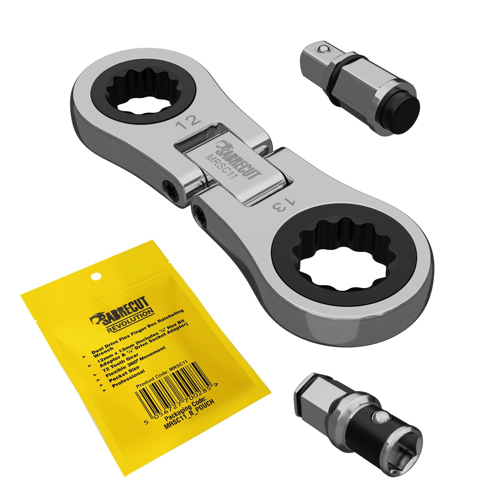 1 x SabreCut MRSC11 Dual Drive Flex 12mm and 13mm Small Micro Ratchet with 6.3mm (1/4") HEX and 1/4" Square Drive Adapters Stainless Steel Professional 72 Tooth Gear Tiny Hand Ratchet Wrench