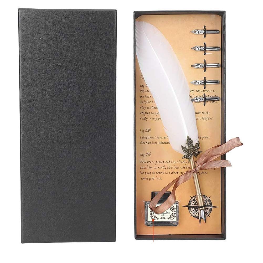 Hztyyier Quill Feather Pen Set Retro Metal Calligraphy Dip Pen Kit with 5x Stainless Steel Nibs and Packing Box(White) School Supplies