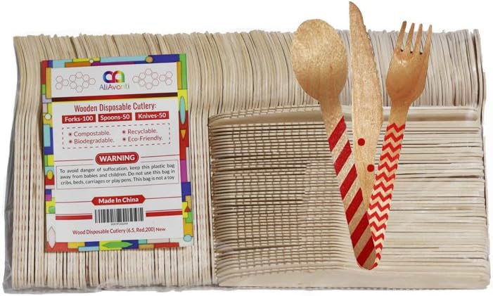 Wooden Disposable Cutlery ~ Set of 200 Eco Friendly Wooden Eating Utensils: 100 Forks, 50 Spoons, 50 Knives, Each 6.5", 100% Natural, Red Cool Geometric Designs, Resealable Package, by AliAvanti