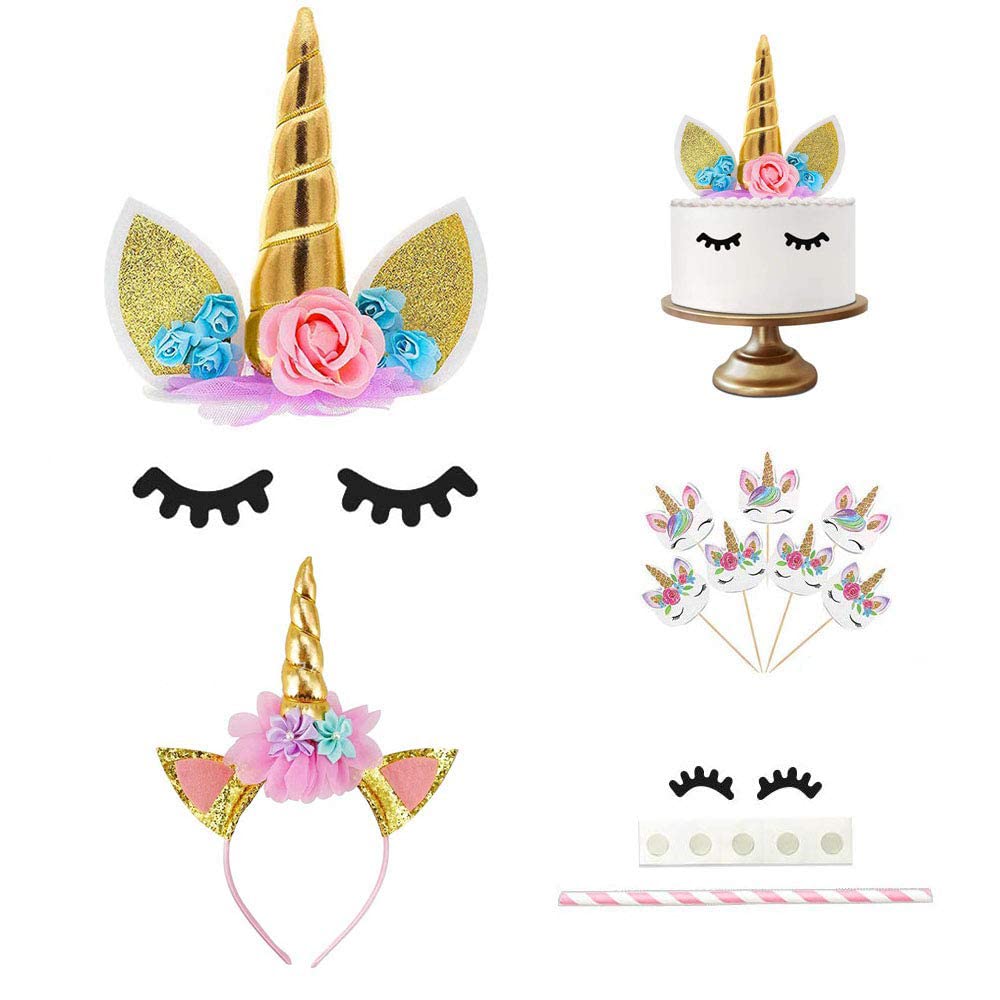Unicorn Cake Topper Handmade Gold Birthday Cake Topper, Unicorn Horn, Ears and Eyelash Cake Decorations, Cute Unicorn Birthday（48 pacs）