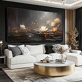 Flower Wall Decor Living Room Decor Modern Artwork 24"x 48" Gold and White Wall Art Floral Large Black Framed Plants Paintings Room Decor