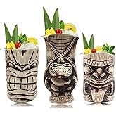 LINALL Tiki Mugs Set - Large Ceramic Tiki Mug, Cocktail Mugs for Mai Tai, Punch, Pina Colada, and Tropical bar Drinks (TIKISET)