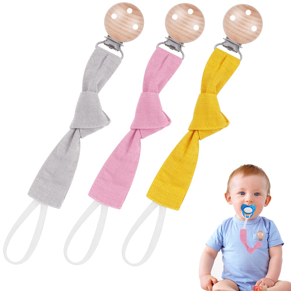 Vicloon Baby Dummy Clips, 3 Pcs Dummy Clip Boys Girls, Wooden Dummy Clips for Baby, Soother Pacifier Chain Holder Clips BPA Free Baby Dummy Chain for Teether Toy or Soothie