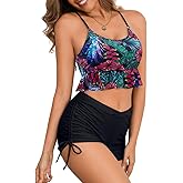ChiaoLezhee Floral Tropical Bikini with Shorts, Ruffle Drawstring Tummy Control, Two Piece High Waisted Swimsuits for Women