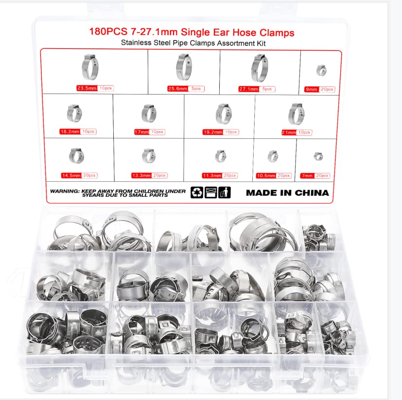 Faankiton 180PCS Single Ear Hose Clamp, Pipe Clamps Fuel Line Clip, 304 Stainless Steel Adjustable Cinch Clamps, 13 Sizes 7-27.1mm Crimp Stepless Hose Clamp Assortment Kit, Hose Clips Set