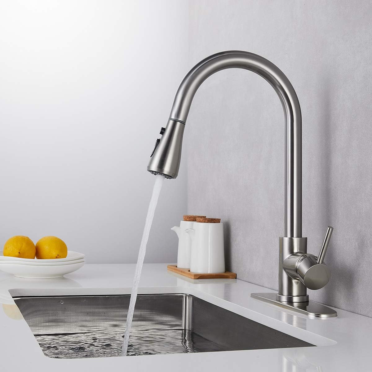 Pull Out Kitchen Sink Faucets, Single Handle Deck Mount, Kitchen Faucets with Pull Down Sprayer High Arc Brushed Nickel - - 