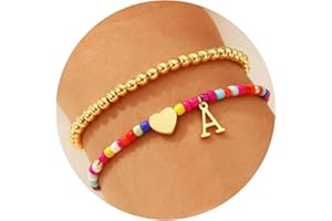Ritach Christmas Gifts for Teens Girls Kids - 2PCS Colorful Heart Initial Bracelet Stackable Real Gold Plated Stretchable Beaded Bracelets for Teen Girls Kids Birthday Gifts Stocking Stuffers