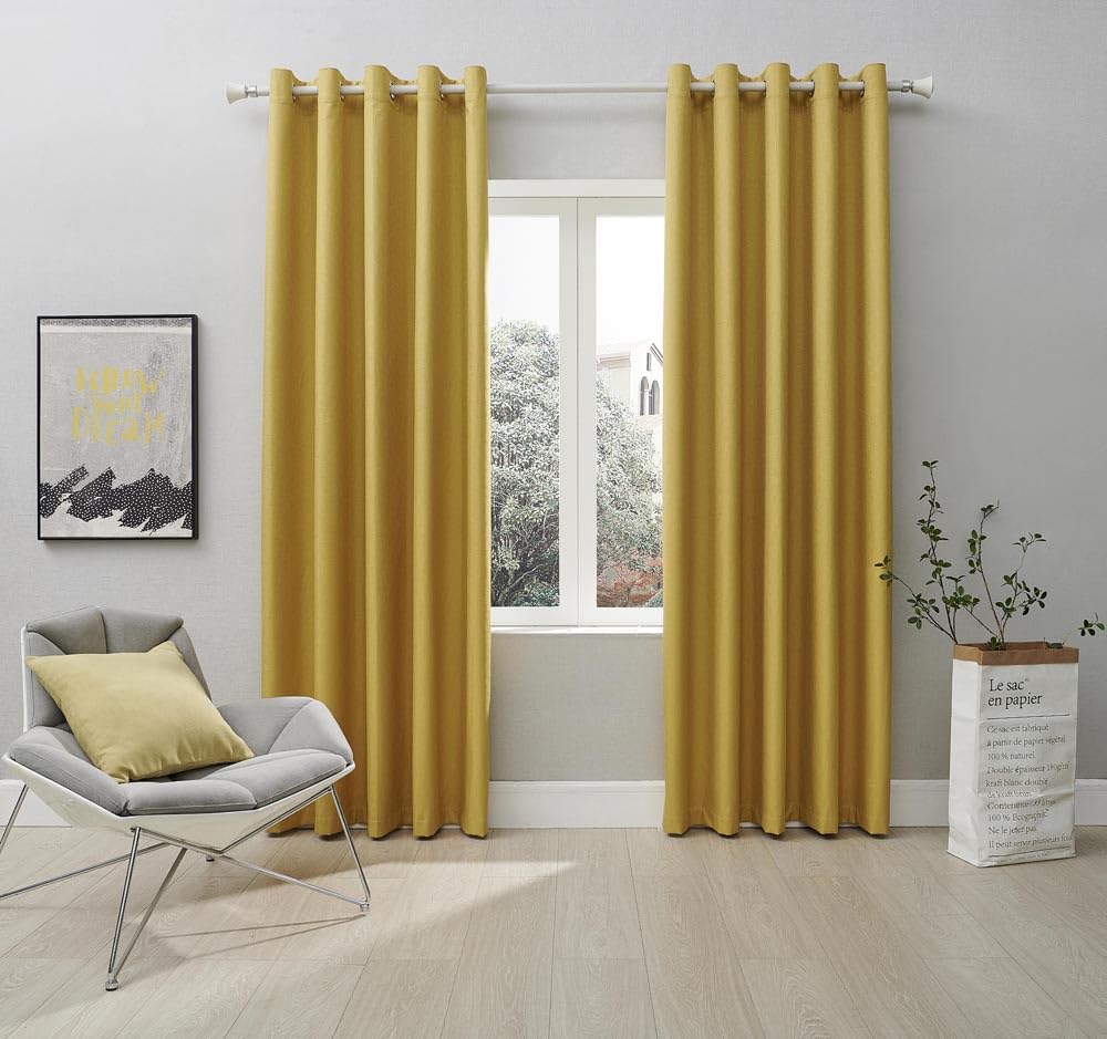 Coastline Textured Veiny Woven Thermal Blackout Eyelet Curtains Yellow 66x90 — image 1