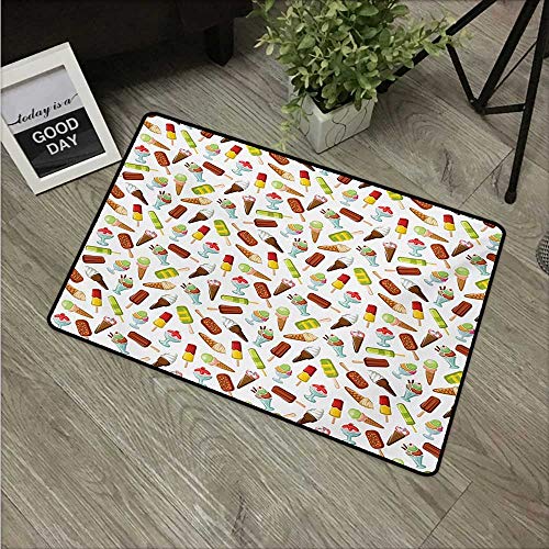 Anzhutwelve Ice Cream,Kids Floor mats Frozen Desserts in Wafer Cone Glazed Eskimo with Whipped Cream Chocolate Sundae W 16" x L 24" Kitchen Rugs Multicolor
