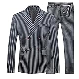 Cloudstyle Mens 3 Piece Suits Pinstripe Double Breasted Slim Fit Formal Wedding Suits (Large, Black)