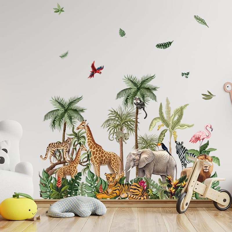 Wandtattoo Tiere des Regenwalds Wandsticker Dschungel Giraffe Elefant Löwe Tiger Blätter Wandbilder Groß Wandaufkleber Wanddeko Kinderzimmer Babyzimmer Schlafzimmer Aufkleber