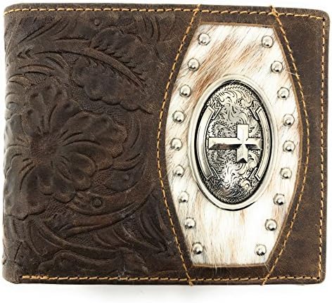 Premium Cow Fur Genuine Leather Men's Short Bifold Wallets in Multi Emblem (Cross)