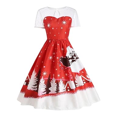 Car & Motorbike Care Automotive BaojunHT Vintage Lace Short Sleeve Christmas Colume Santa Claus Through Moon Night Print Swing Dress