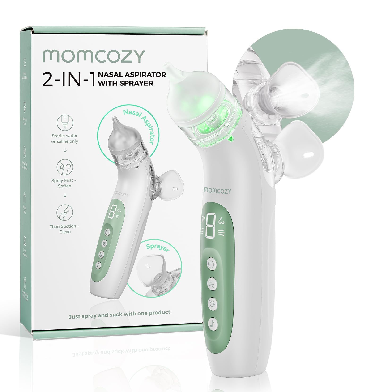 Photo 1 of Momcozy BreezyClear™ 2-in-1 Electric Nasal Aspirator for Baby with Spray, 65kPa Hospital-Grade Suction, 4 Adjustable Levels, Quiet & Portable Nose Cleaner with Soothing Light & Music