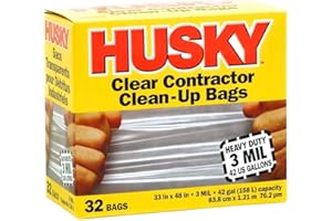 Husky Heavy Duty Clean-Up Trash Bag, Polyethylene Resin, 42 gal, 45-1/8 in L x 32-3/4 in W x 3 mil T, Clear