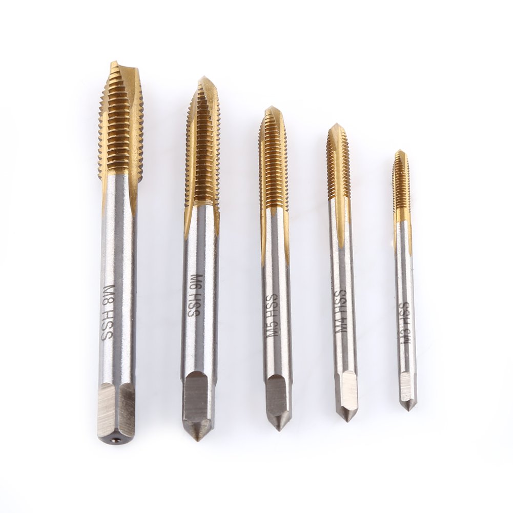 5pcs/set Titanium Coated HSS Thread Screw Tap Kit M3 M4 M5 M6 M8 Forward Chip Ejection HSS Metric Tap and Die Set Titanium Coated Thread Tapping Tools