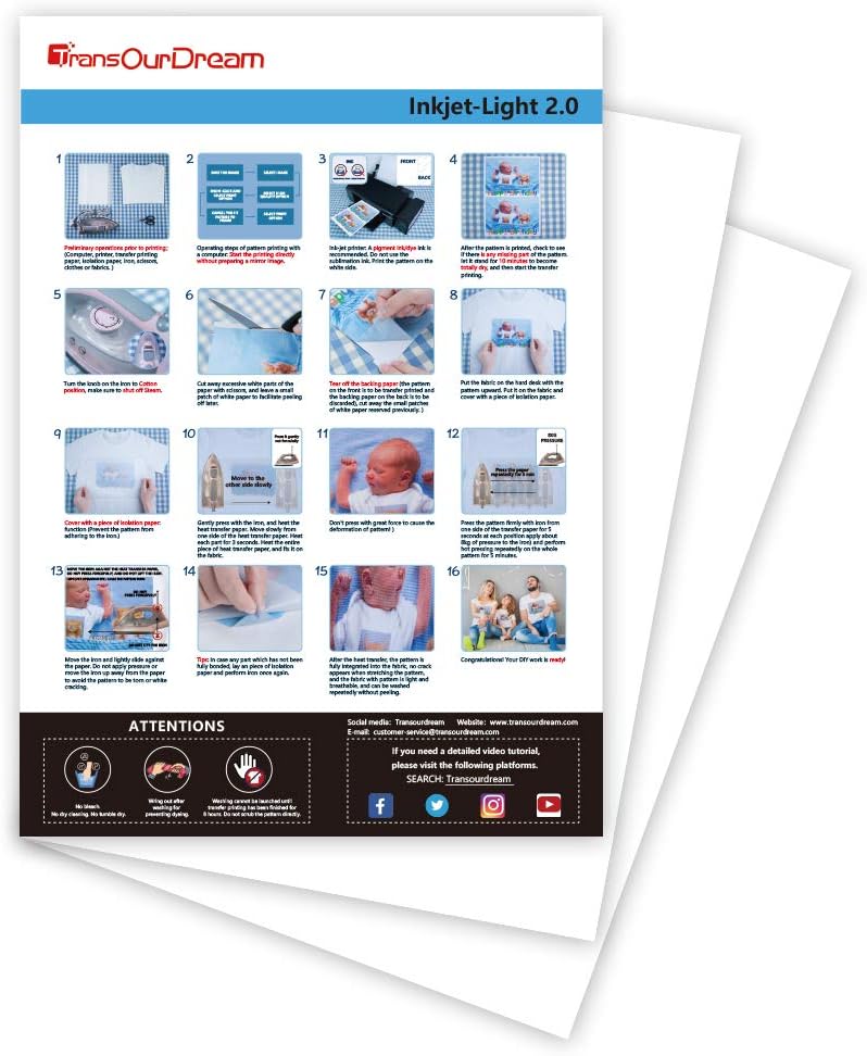 TransOurDream Tru-Transfer Paper T-Shirt Printing 20 Sheets A4 Inkjet Heat Transfers for Light Fabric Printable Vinyl Upgraded 2.0 Iron on Printer Paper for White T-Shirts/Textiles/Clothes