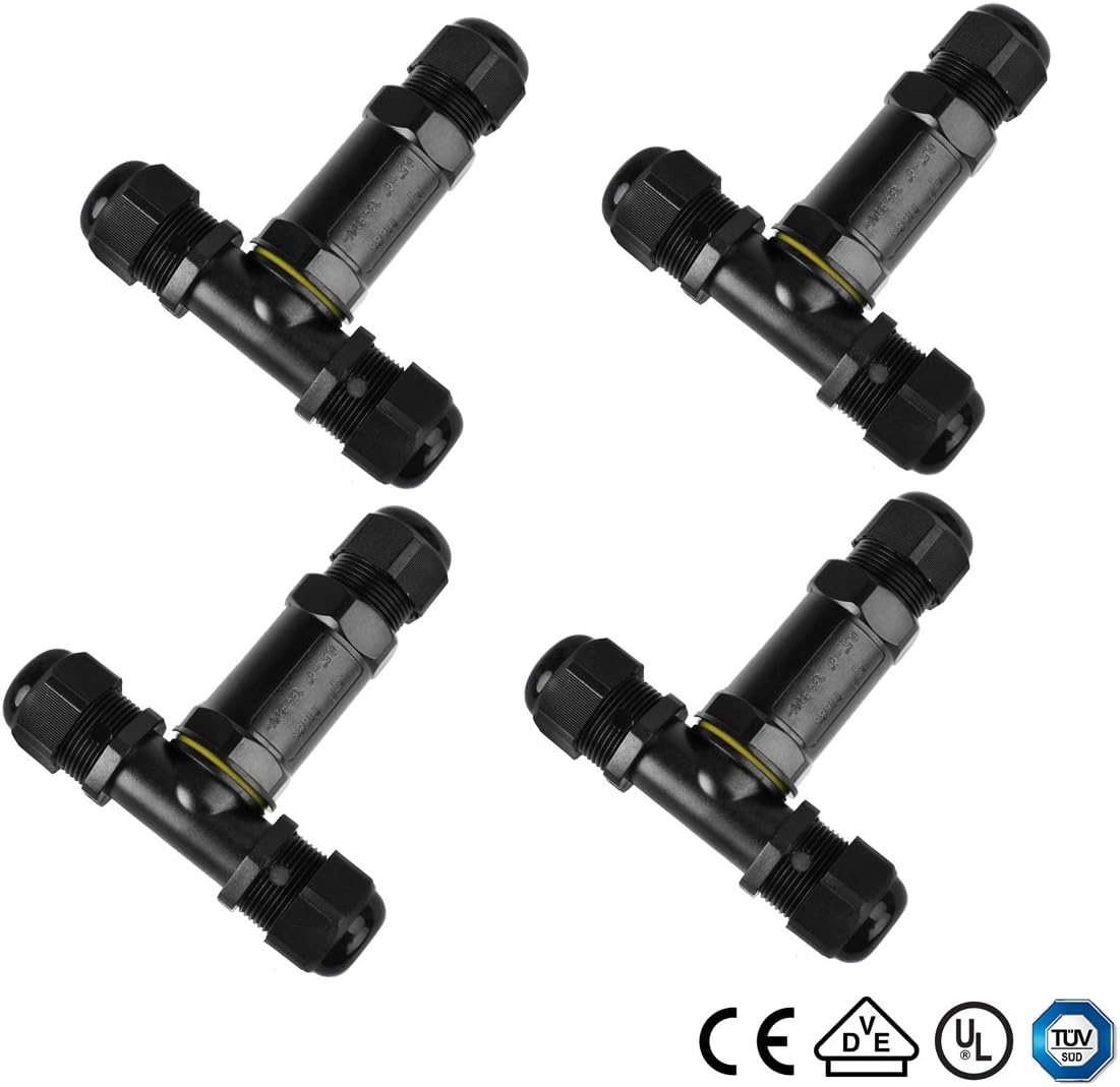 3 Way IP68 Waterproof Junction Box Outdoor Cable Connector, La Vane 4-Pack 3 Way IP68 Waterproof 5 Pin T Shaped Cable Connector External Sleeve Coupler for Ø 4-14mm Cable Range