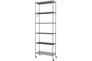 Homdox 6-Tier Storage Shelf Wire Shelving Unit Free Standing Rack Organization with Caster Wheels, Stainless Side Hooks, Black