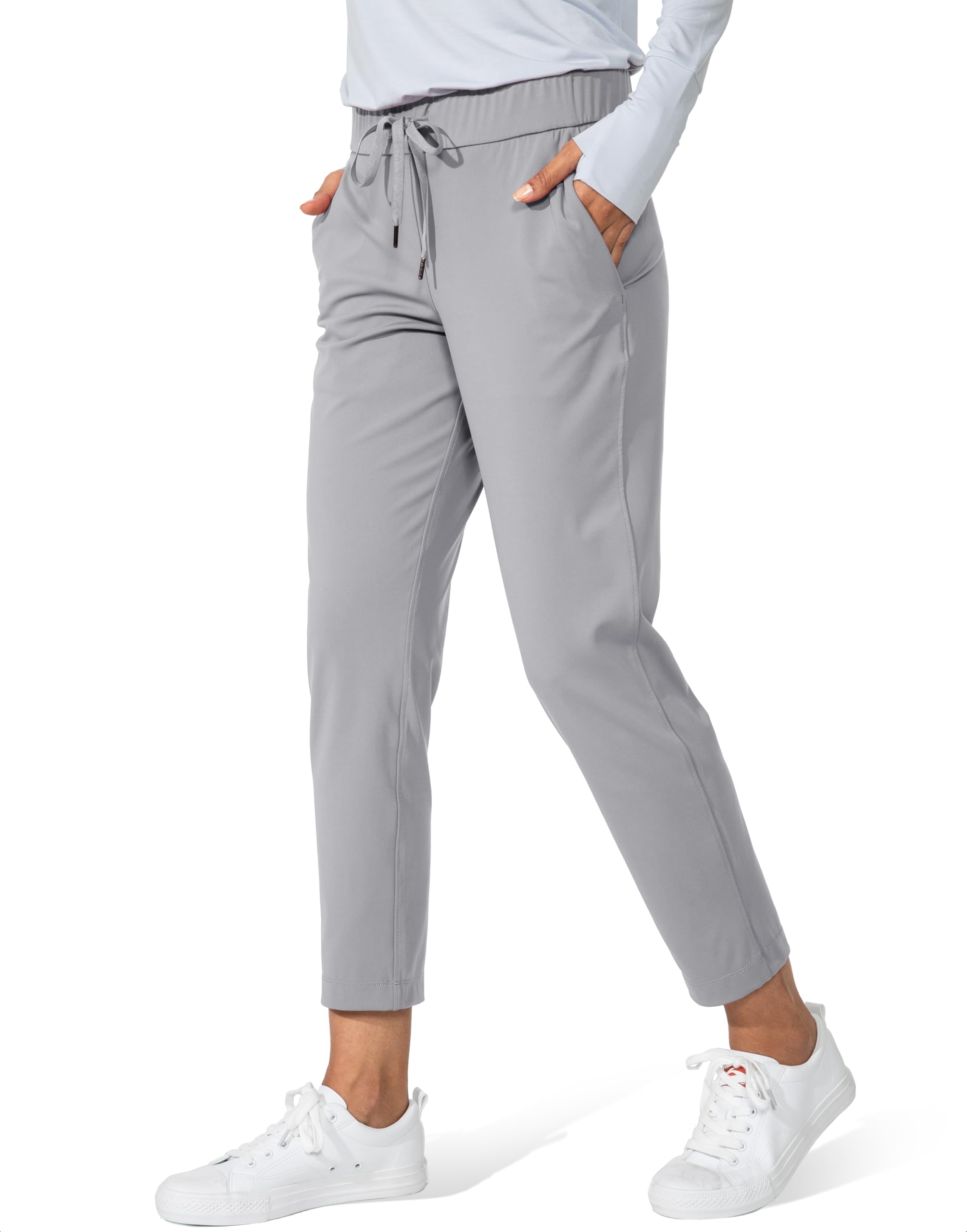 Women's Pants with Deep Pockets 7/8 Stretch Sweatpants for Women Athletic, Golf, Lounge, Work (Light Grey, Small)