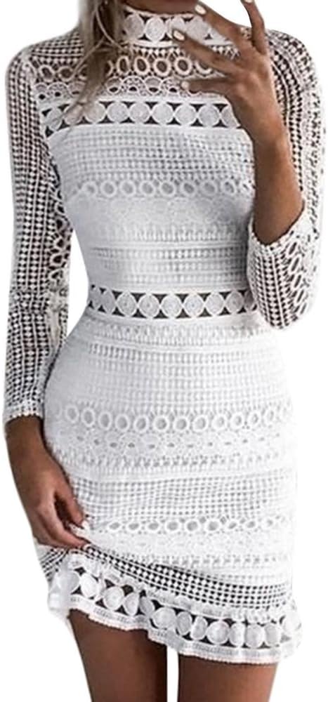 Kolylong Women Sexy Lace Formal Dress, Bodycon Cocktail Ladies Party Pencil Midi Dress Dresses (UK 10-12, White)