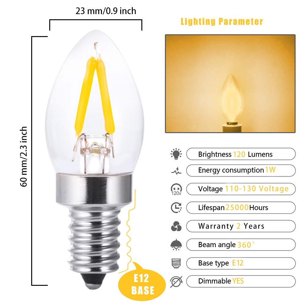 led Night Light Bulbs,Salt Lamp Bulbs,C7 1W Led Filament Bulbs,Refrigerator Indicator Bulb, Mini Light,Candle Bulbs,10W Incandescent Replacement Bulb,Torpedo Shape,E12 Warm White 2700k,Dimmable(6PCS)