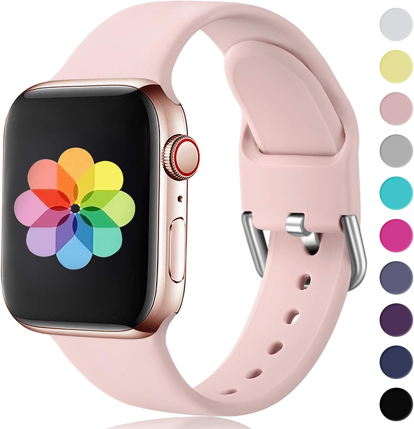 HUMENN Compatible with Watch Strap 38mm 42mm 40mm 44mm, Soft Silicone Classic Sport Replacement Bands for iWatch Series 5/4/3/2/1, 42mm/44mm-M/L Sandpink