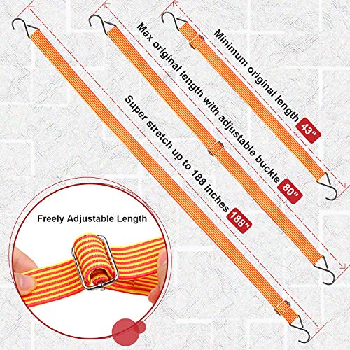 Bungee Cord, 80" Flat Adjustable Bungee Cords 4 Pack Bungee Straps with Adjustable Length Metal Buckle & Hooks for Hand Carts, Heavy Duty Cargo, Luggage Rack, Camping, Gardening, Clothesline