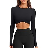 LASLULU Womens Sexy Double Lined Long Sleeve Shirts Crewneck Workout Tops Athletic Yoga Shirts Going Out Crop Tops