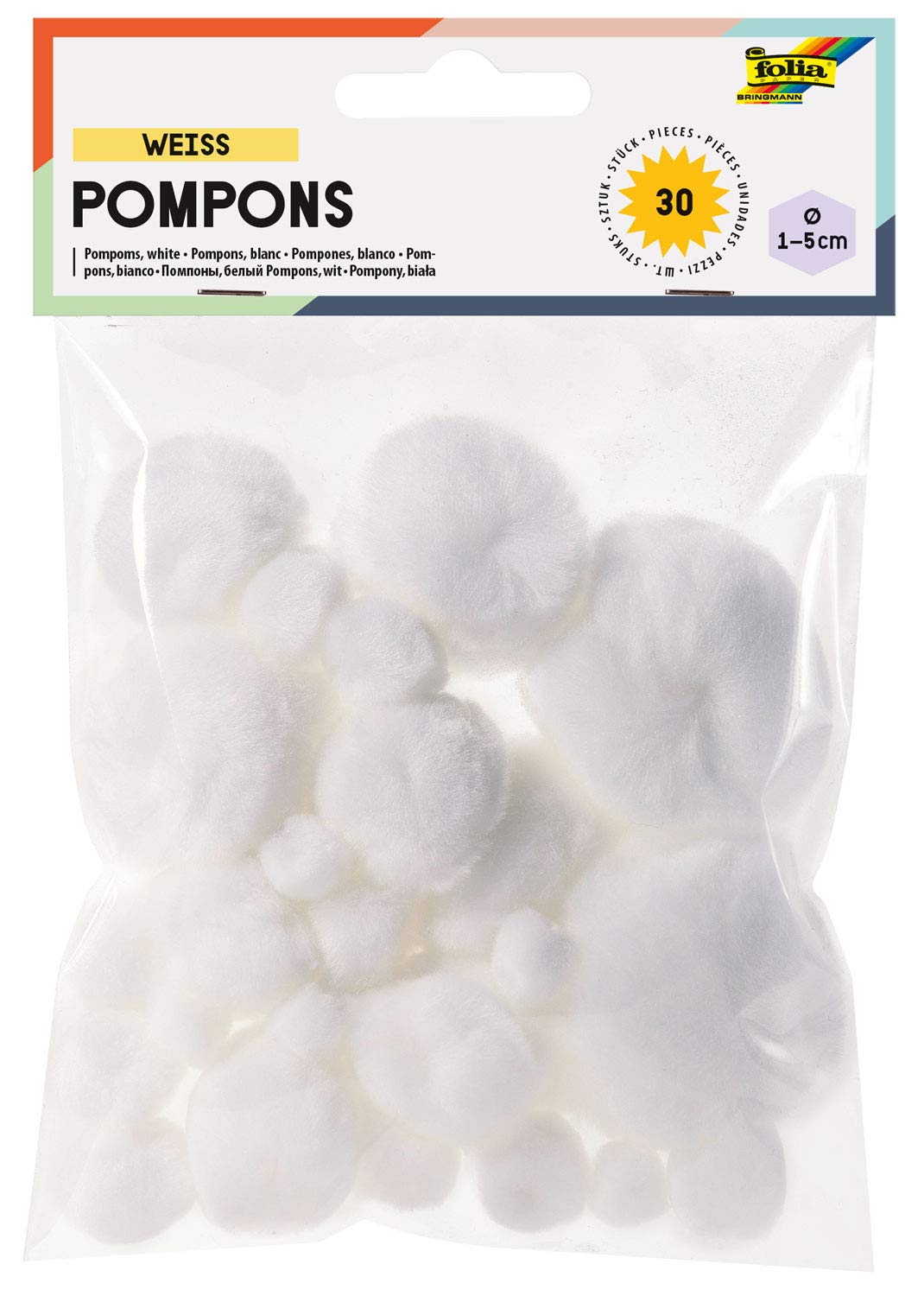 folia 50030 Pompoms Pack of 30, White, Assorted in 5 Different Sizes from Approx. 10 mm to 50 mm, Ideal for Versatile Crafts