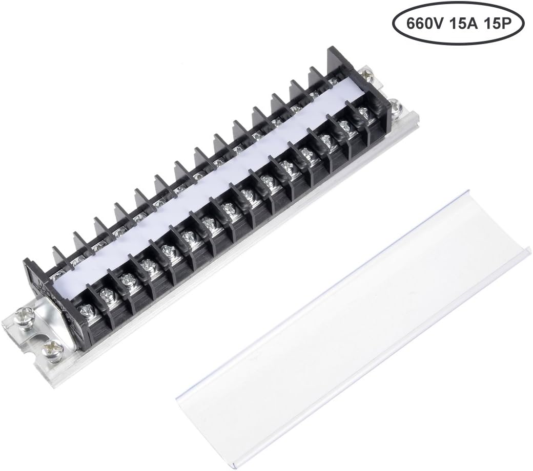 sourcing map Barrier Terminal Strip Block 660V 15A Dual Rows 15P DIN Rail Base Screw Connector, Black, 660V 15A 15P - Image 3