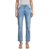 LifeShe Women Pearls Embellished Jeans High Waisted Raw Hem Straight Leg Stretchy Denim Pants
