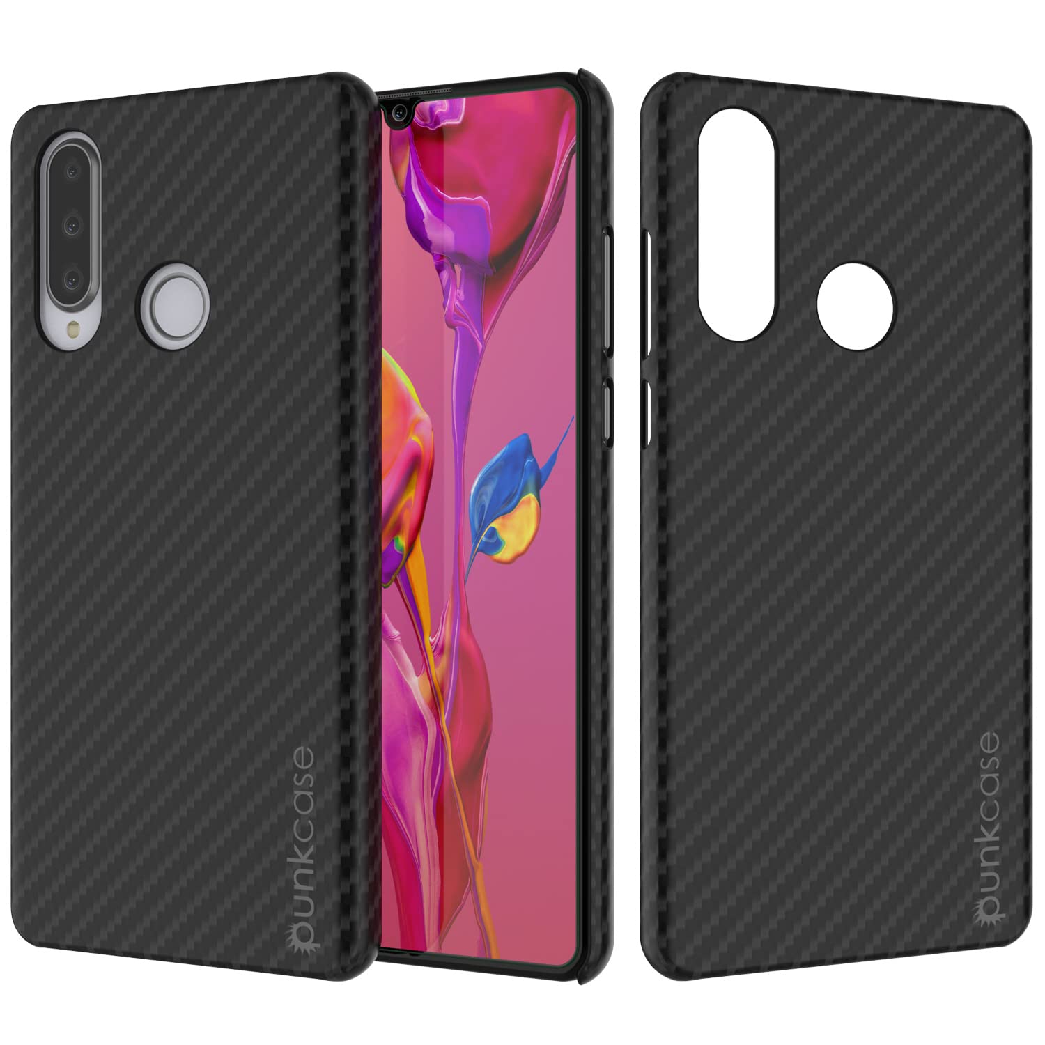 PunkCase P30 Lite Case [CarbonShield Series] Protective & Ultra Thin 2 Piece Dual Layer PU Leather Cover W/PUNKSHIELD Screen Protector Compatible with Huawei P30 Lite [Jet Black]