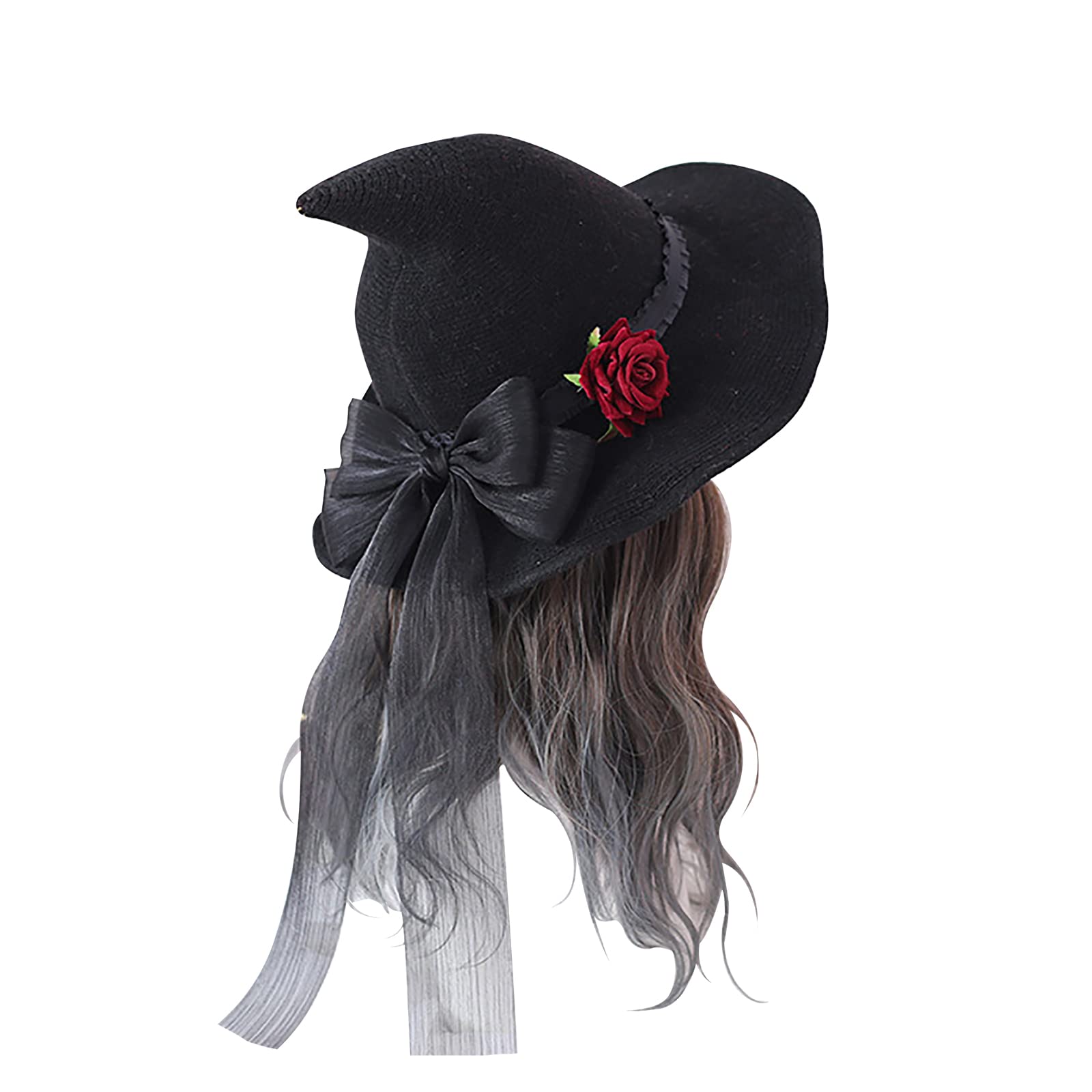 FakeFace Halloween Black Witch Hat with Rose and Bowknot Wide Brim Cosplay Wizard Caps Carnival Fancy Dress Up Lolita Hat Party Costume Accessory