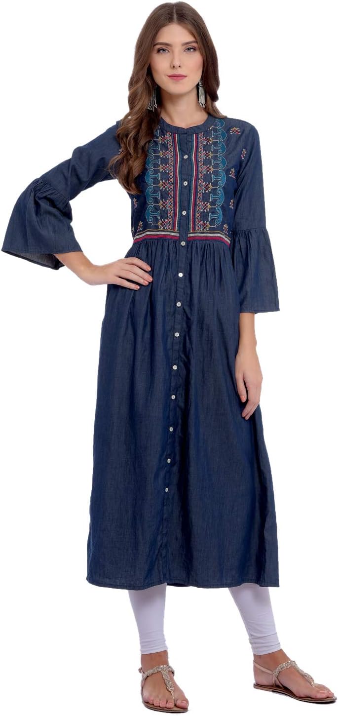 Women's Denim Embroidered Denim Front Slit Kurta (51510-Navy)