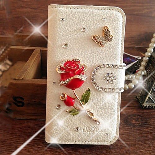 LG G2 Case,Elegant Red Rose Bling Crystal White PU Wallet For LG G2 AT&amp;T T-mobile Sprint Verizon Unlocked