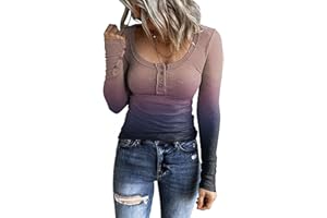 WUAI-Women Color Block Waffle Knit Henley Shirts Long Sleeve V-Neck Casual Slim Fit Thermal Button Up Tunics Tops