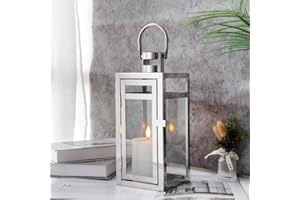 TRIROCKS Stainless Steel Decorative Lantern 12'' High Metal Hanging Lantern with Clear Glass Panels Perfect for Home Decor Living Room Parties Events Tabletop Indoors Outdoors (Silver)