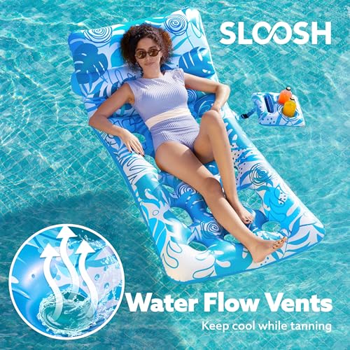 Sloosh Inflatable Pool Float Adult - Tropical Leaves Pool Floaties Lounger with Adjustable Backrest Cup Holders, Sun Tanning Float Rafts Floating Chair Pool Beach Lake Lounge Above Water Keep Cool